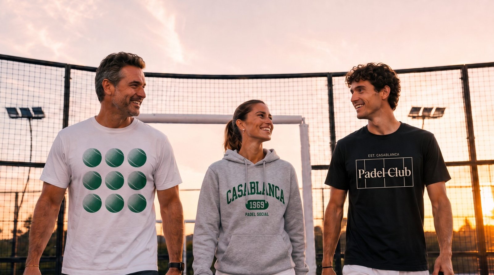Famille qui rit sur un terrain de padel au coucher du soleil, en vêtements Padel Social Morocco