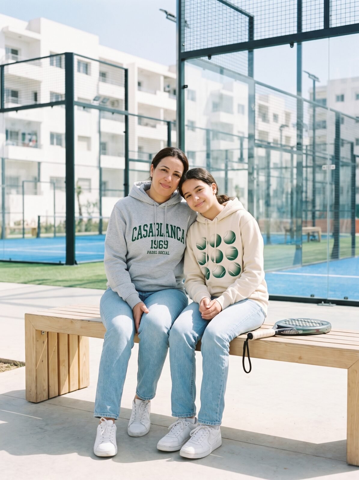 Mère et fille en hoodies Padel Social Morocco près d'un terrain à Casablanca