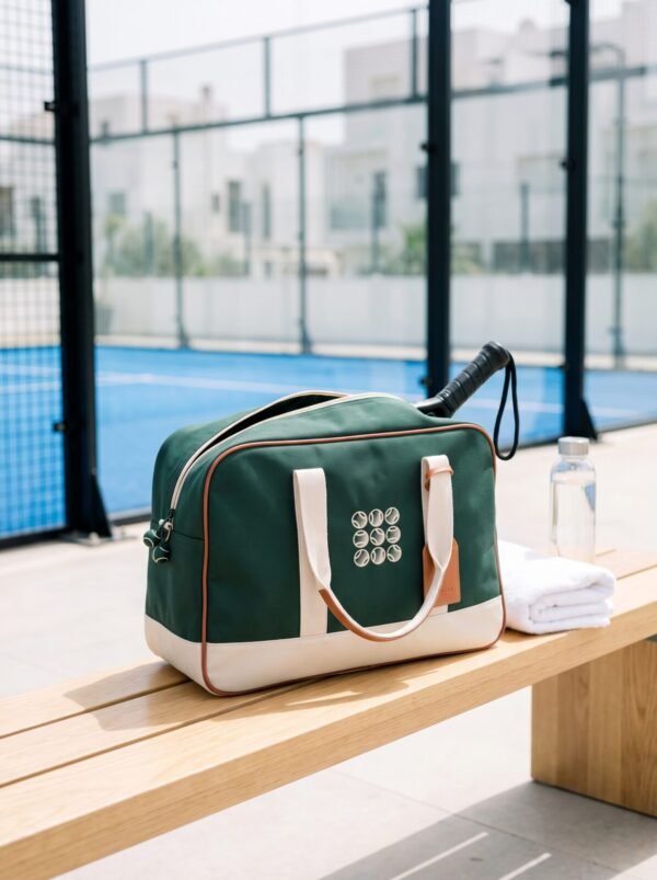 Sac PSM Court Bag sur le banc d'un terrain de padel Sac PSM Court Bag sur le banc d'un terrain de padel